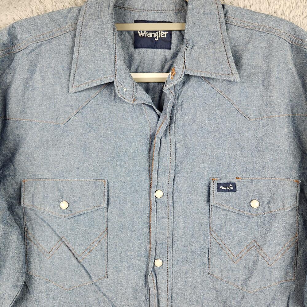Wrangler Shirt Mens XL Blue Chambray Western Pearl Snap Long Sleeve Cowboy Y2k